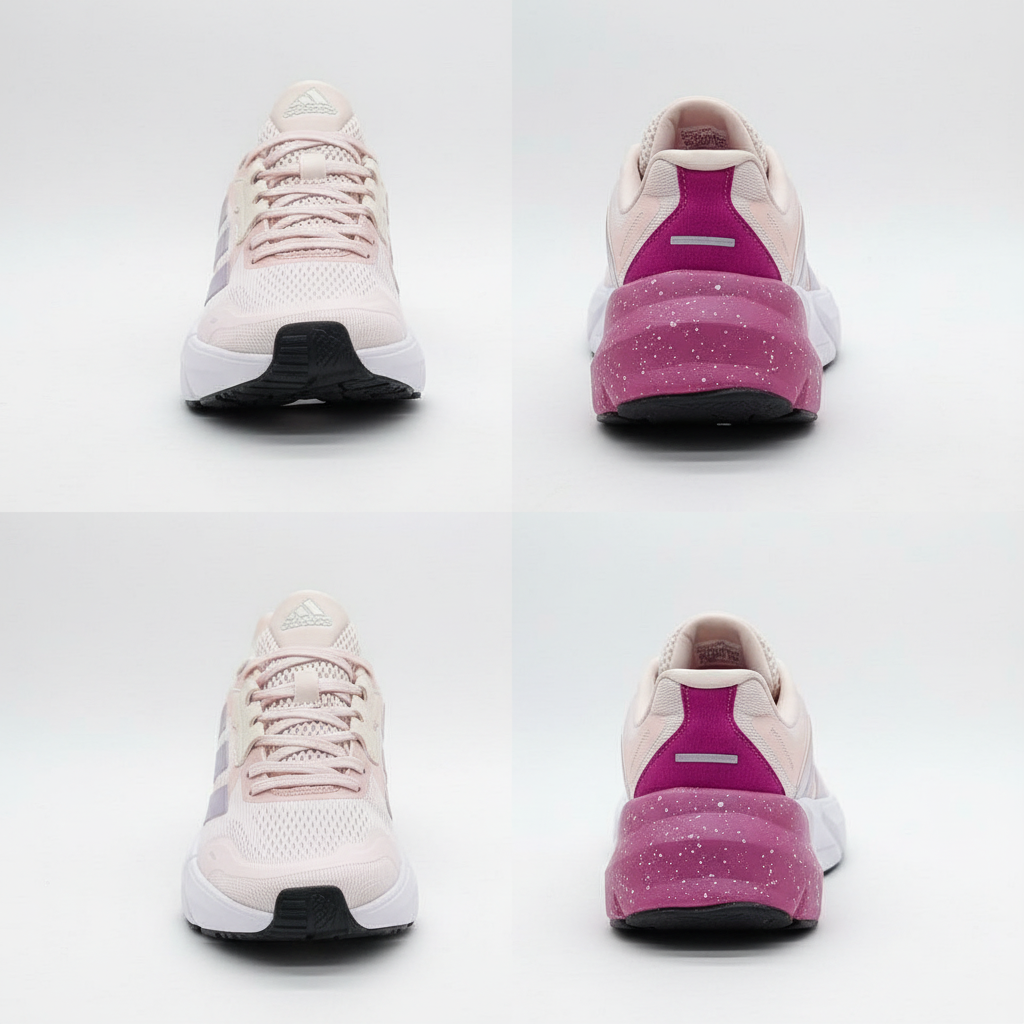 Woman holding Skechers pink purple running sneaker wearing matching pink hoodie and white leggings in shoe store