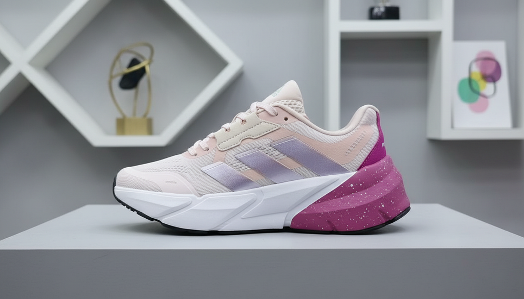 Skechers pink purple women's running sneaker side view on grey pedestal showing iridescent stripe detailing